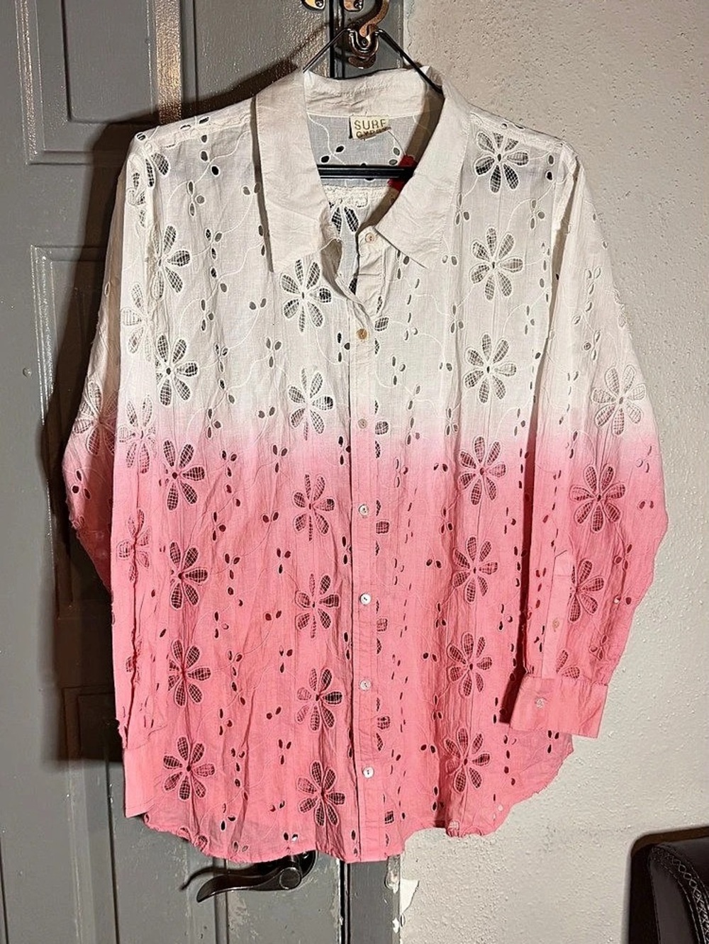 Sure Gypsy Floral Eyelet Ombre Shirt Pink & White Size Large